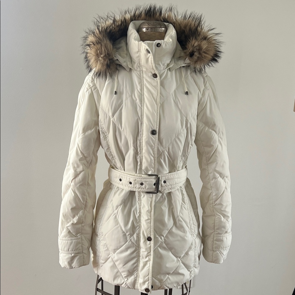 Women’s Lands' End Cream Quilted Puffer Jacket with Hood - Size Small